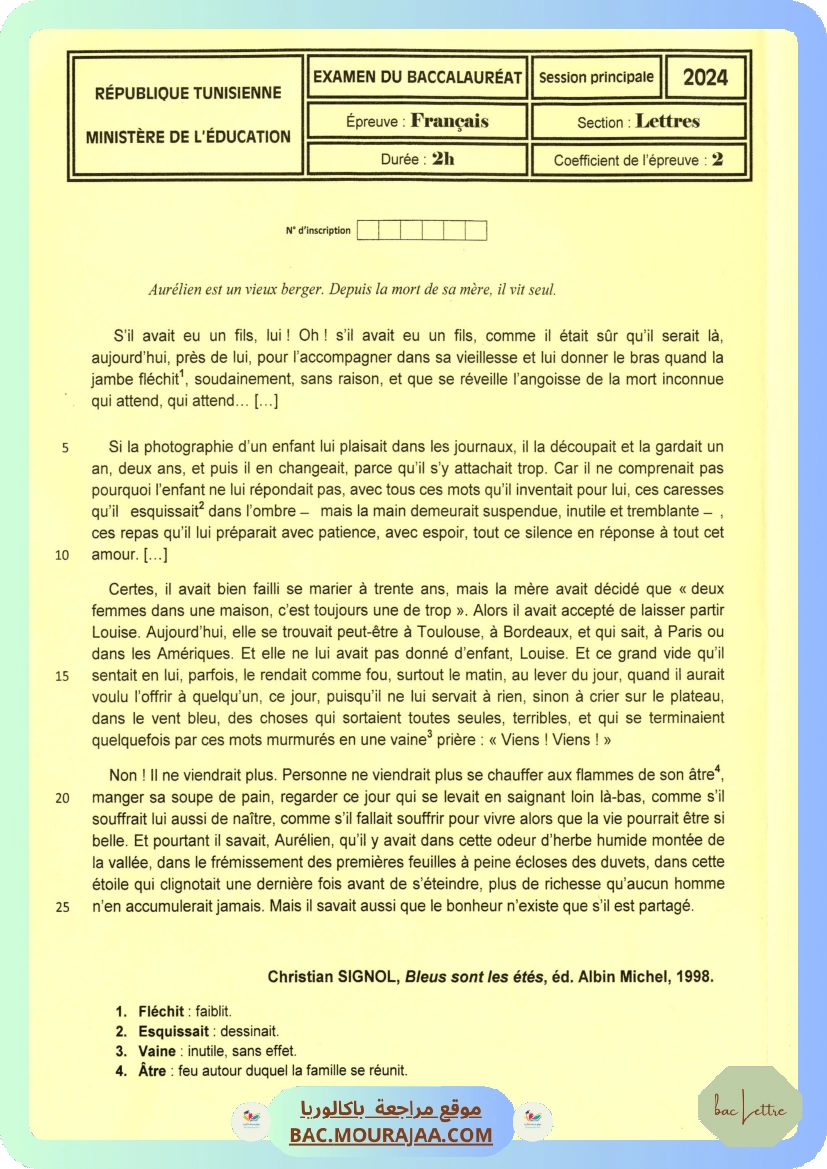Sujet principale francais Bac 2024 – Section lettre